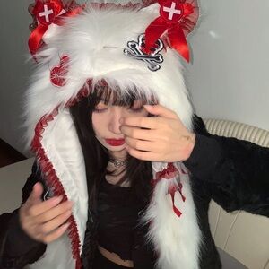 White and Red Furry Bear Hood with Bows